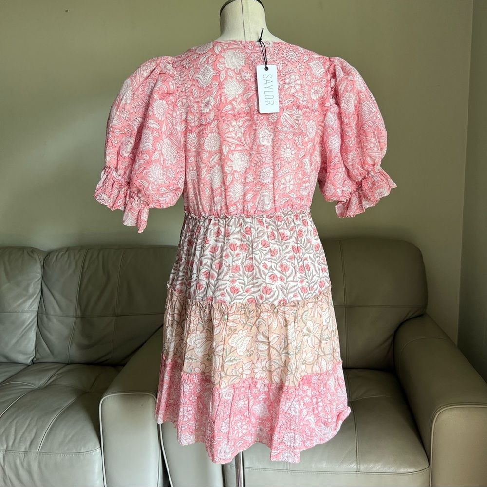 NEW SAYLOR Mini Dress Sz L Leigha Puff Sleeve Floral Boho Pink Baby Doll Garden - Picture 14 of 15